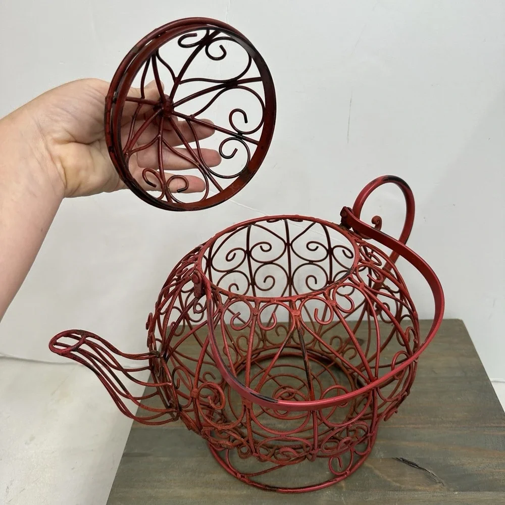 Vtg Large Metal Teapot Basket Filigree Tea Time Metal Home Decor Rustic W Handle